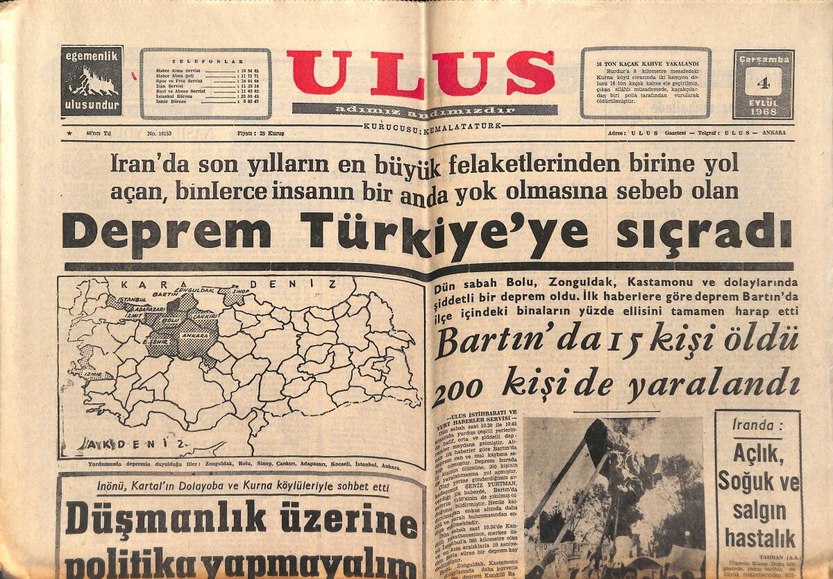 Ulus Gazetesi 4 Eylül 1968 - Deprem Türkiye'ye Sıçradı - Fenerbahçeliler, Manchester City İle Yapacakları Maçtan Ümitsiz GZ151629 - 1
