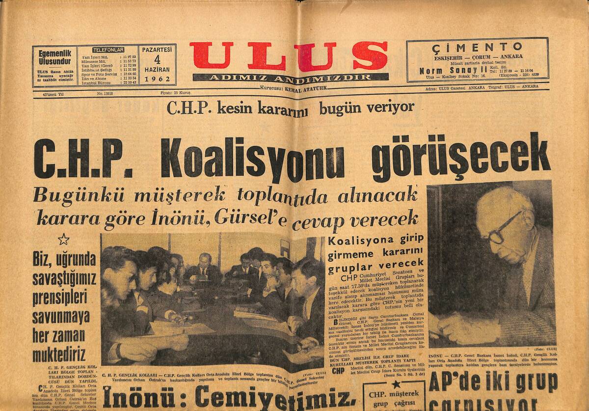Ulus Gazetesi 4 Haziran 1962 - CHP Koalisyonu Görüşecek - Sivil Havacılığın En Feci Kazasında 130 Kişi Öldü GZ148654 - 1