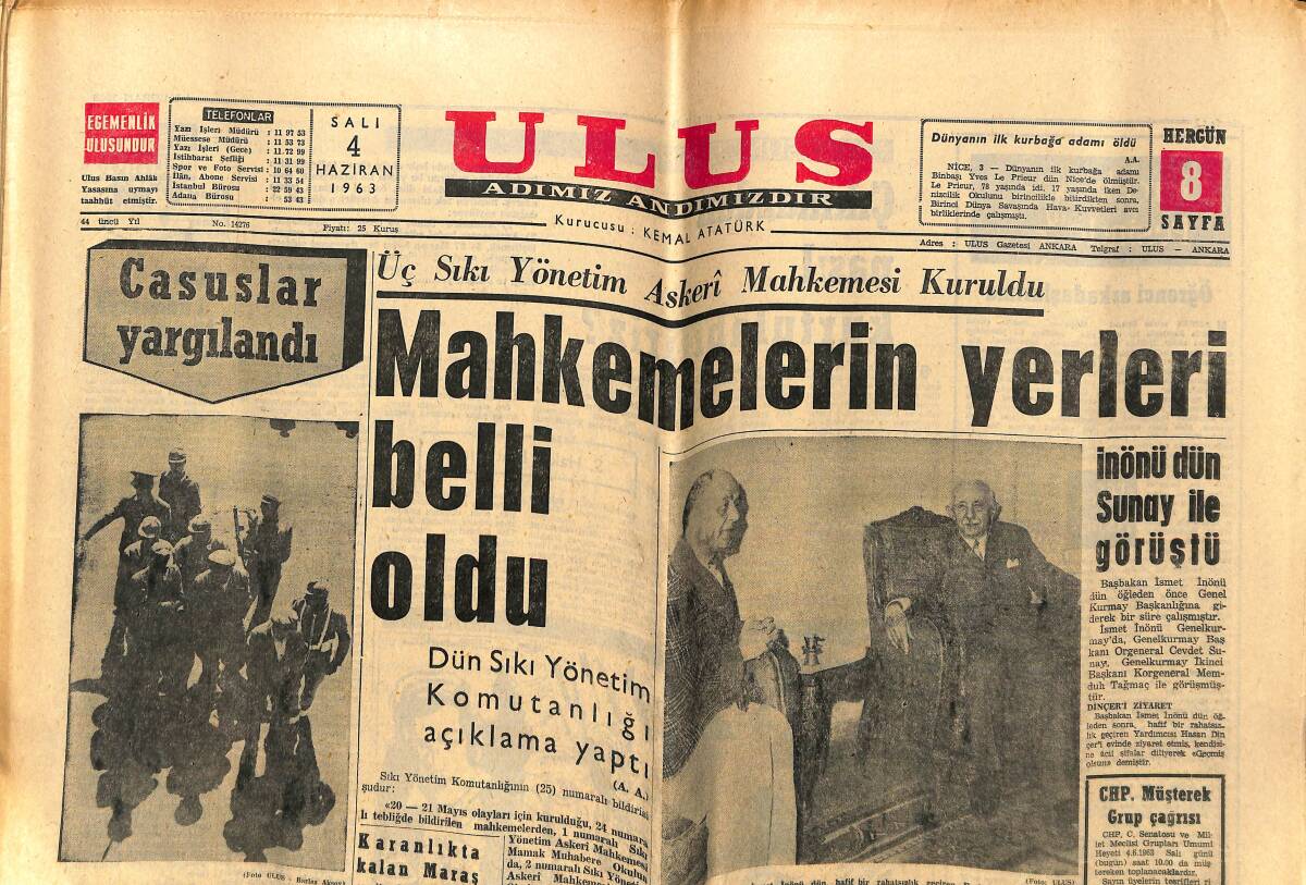 Ulus Gazetesi 4 Haziran 1963 - Papa Öldü - Bulgar Casuslar Yargılandı - İnönü Dün Sunay İle Görüştü GZ151546 - 1