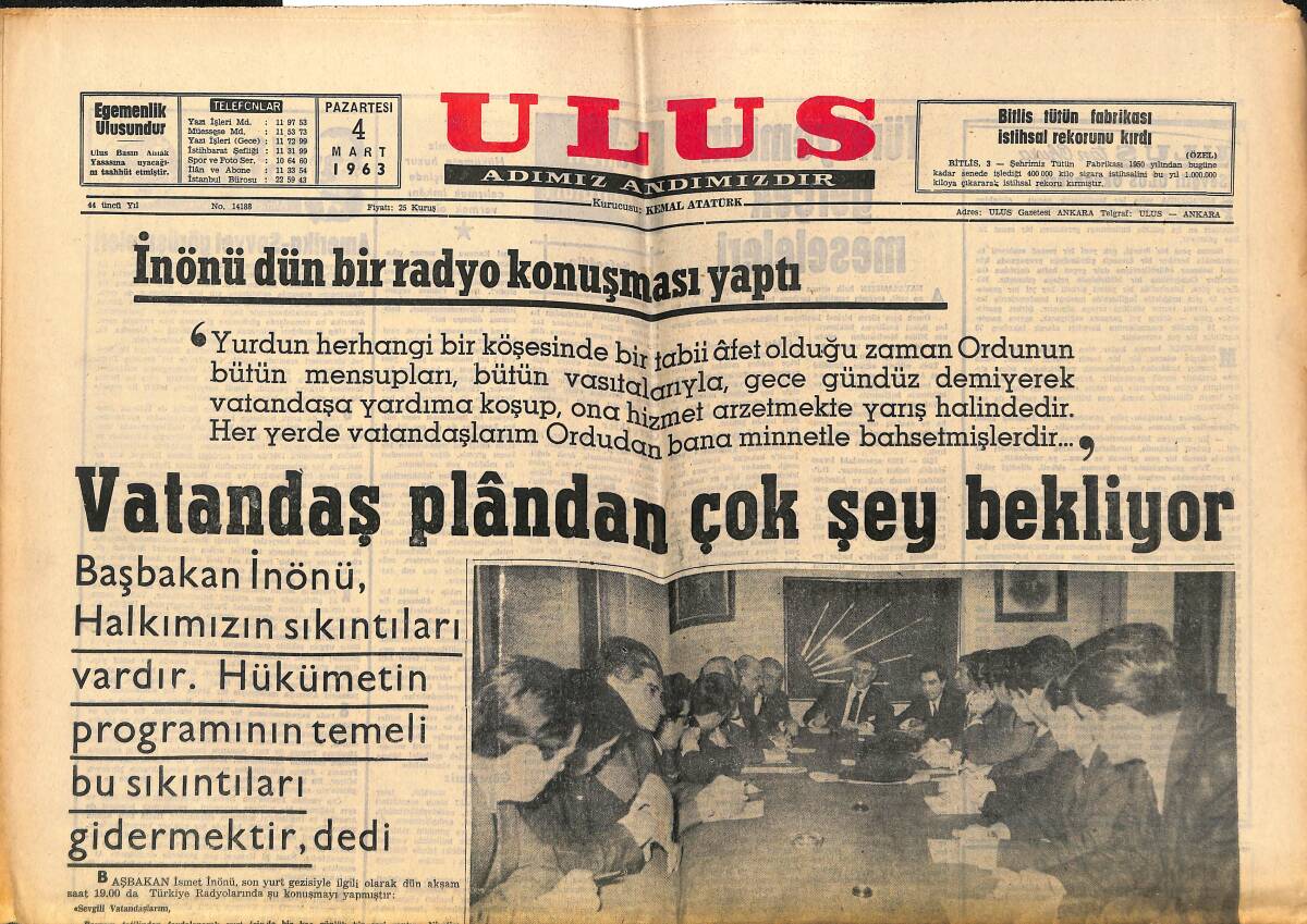 Ulus Gazetesi 4 Mart 1963 - CHP'nin Sosyal Adalet Görüşü Kurultayda Tesbit Edilecek GZ150695 - 1