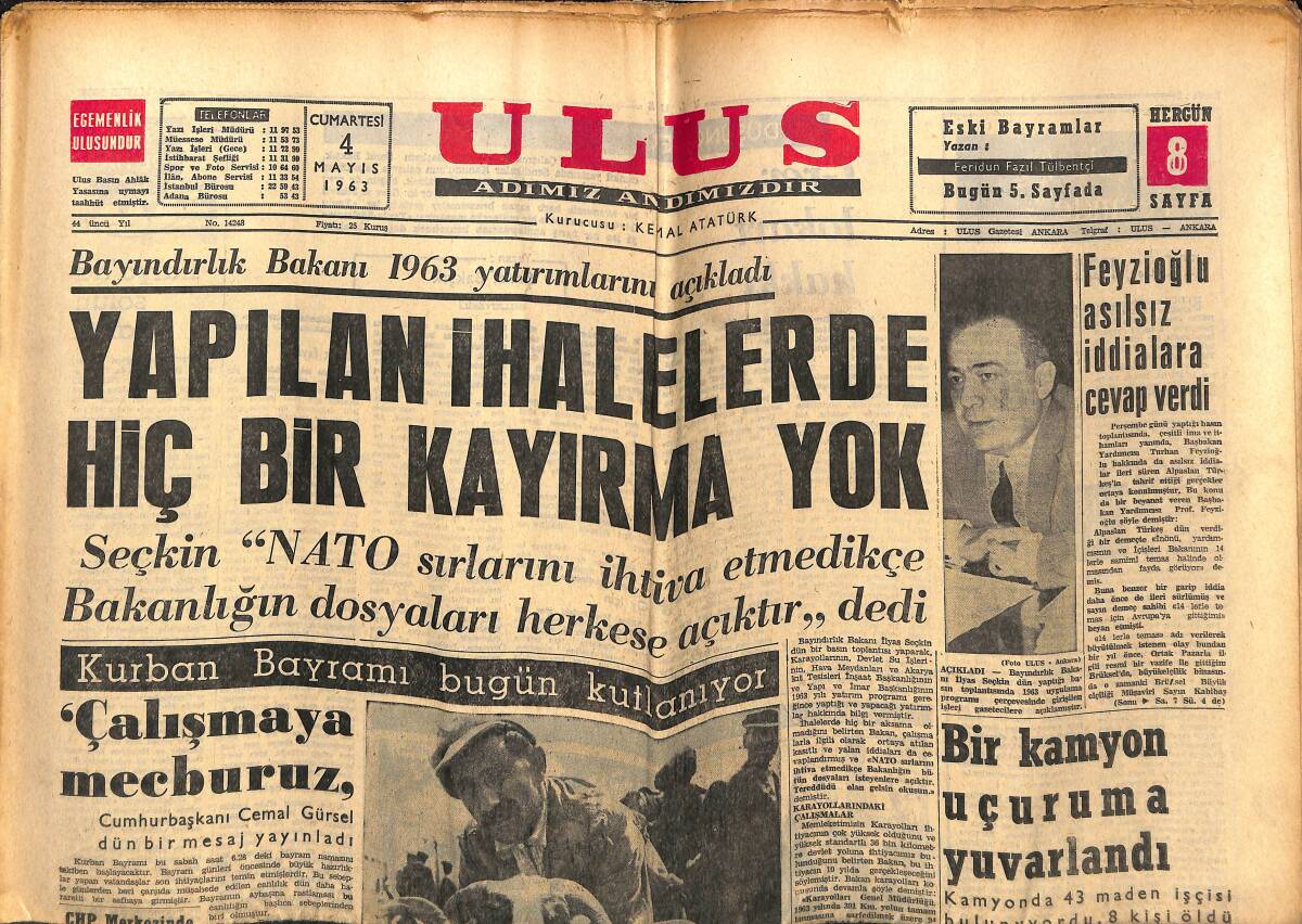 Ulus Gazetesi 4 Mayıs 1963 - Feyzioğlu Yapılan Asılsız İddialara Cevap Verdi - İşçi Asgari Ücretlerinde Yeni Arttırmalar Yapıldı GZ151563 - 1