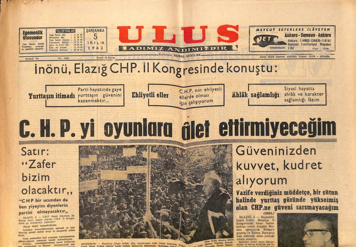 Ulus Gazetesi 5 Aralık 1962 - Fenerbahçe-Altınordu Ankaragücü-Altay - Milli Takım Dün İtalya'dan Döndü GZ152486 - 1