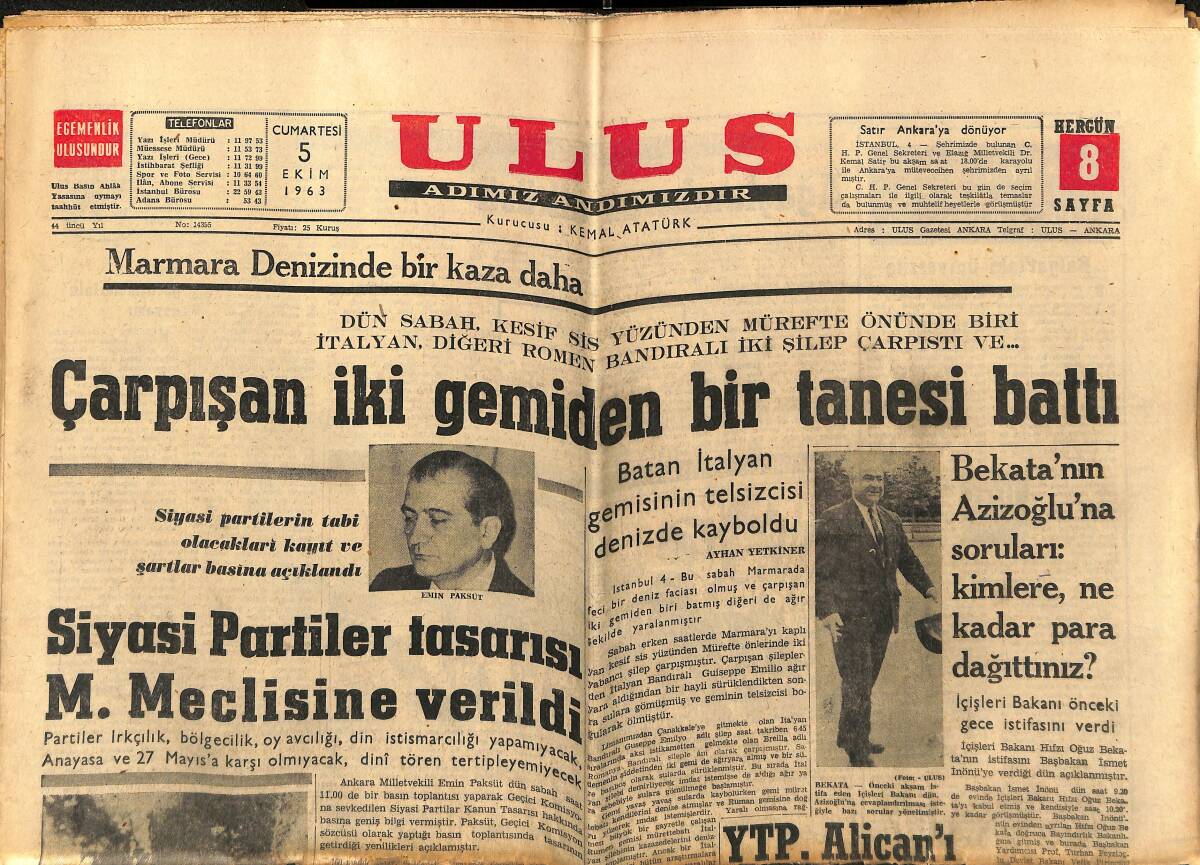 Ulus Gazetesi 5 Ekim 1963 - Stabilizasyon Programı Türk Parasını İstikrara Kavuşturdu - Fransız Kuvvetleri Tunus'tan Ayrılıyor GZ152610 - 1