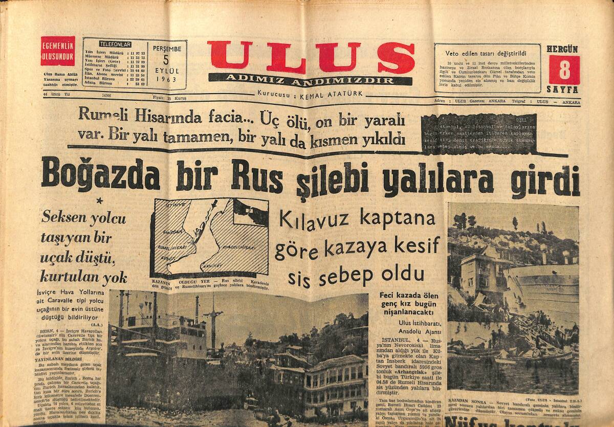 Ulus Gazetesi 5 Eylül 1963 - Boğazda Bir Rus Şilebi Yalılara Girdi - Nüfus Kontrolü Gerçekleşiyor GZ147301 - 1