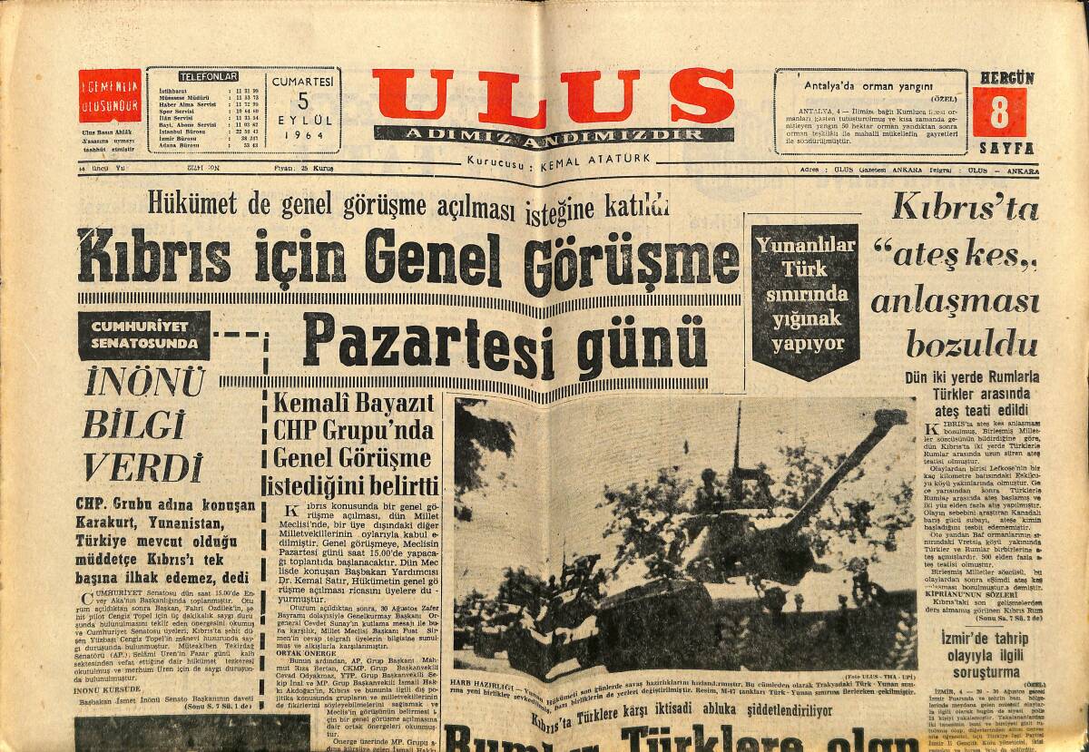 Ulus Gazetesi 5 Eylül 1964 - Kıbrıs İçin Genel Görüşme Pazartesi Günü - Hindistan'da Bir Baraj Çöktü GZ150603 - 1