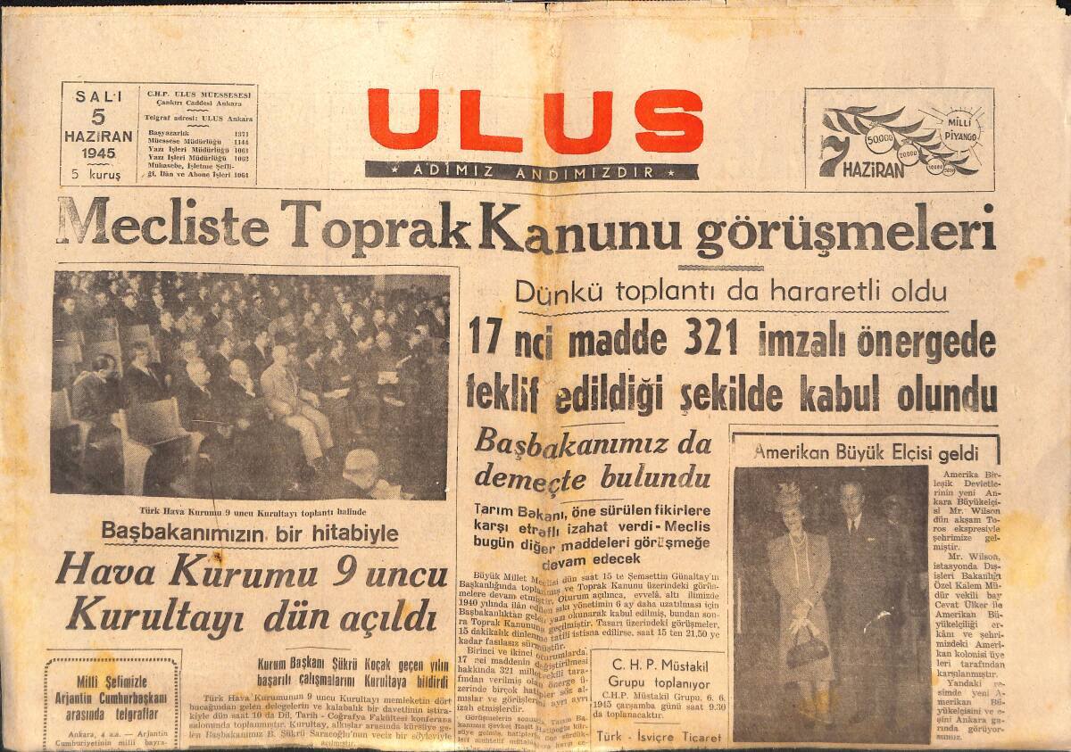Ulus Gazetesi 5 Haziran 1945 - Mecliste Toprak Kanunu Görüşmeleri - Churchill Sosyalistlere Şiddetle Hücum Ediyor GZ146697 - 1