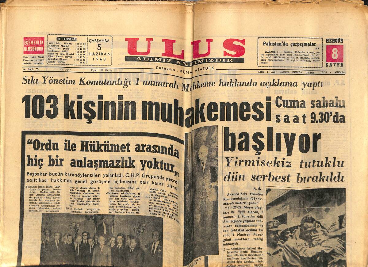 Ulus Gazetesi 5 Haziran 1963 - Başkan Kennedy, İran Şahına Bir Tebrik Göndermiştir - Tusder Fenerbahçe'yi Favori Gösteriyor GZ151547 - 1