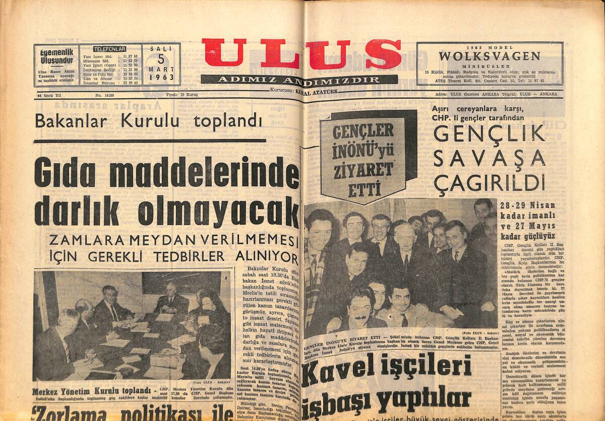 Ulus Gazetesi 5 Mart 1963 - Gençler İnönü'yü Ziyaret Etti - CHP'li Gençler Tarafından Gençlik Savaşa Çağrıldı GZ151482 - 1