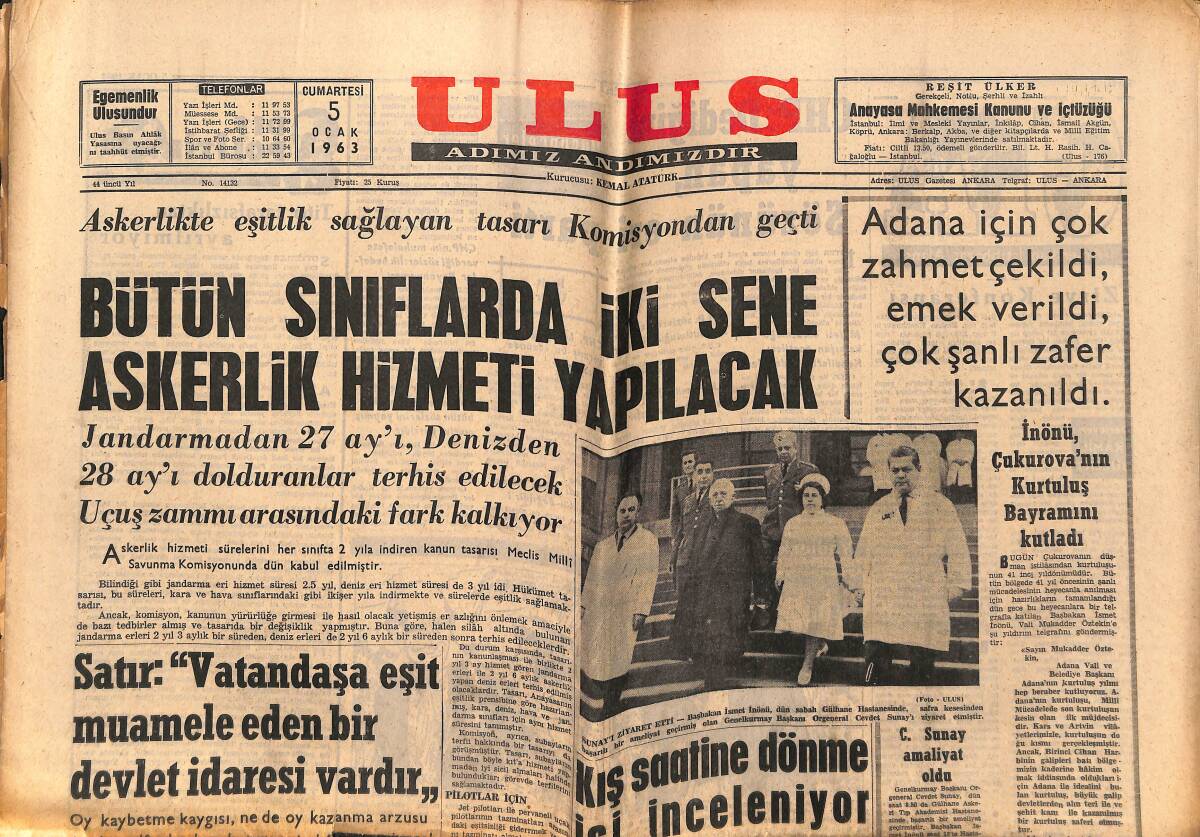 Ulus Gazetesi 5 Ocak 1963 - İnönü, Çukurova'nın Kurtuluş Bayramını Kutladı - Başbakan İsmet İnönü, Sunay'ı Ziyaret Etti GZ151485 - 1