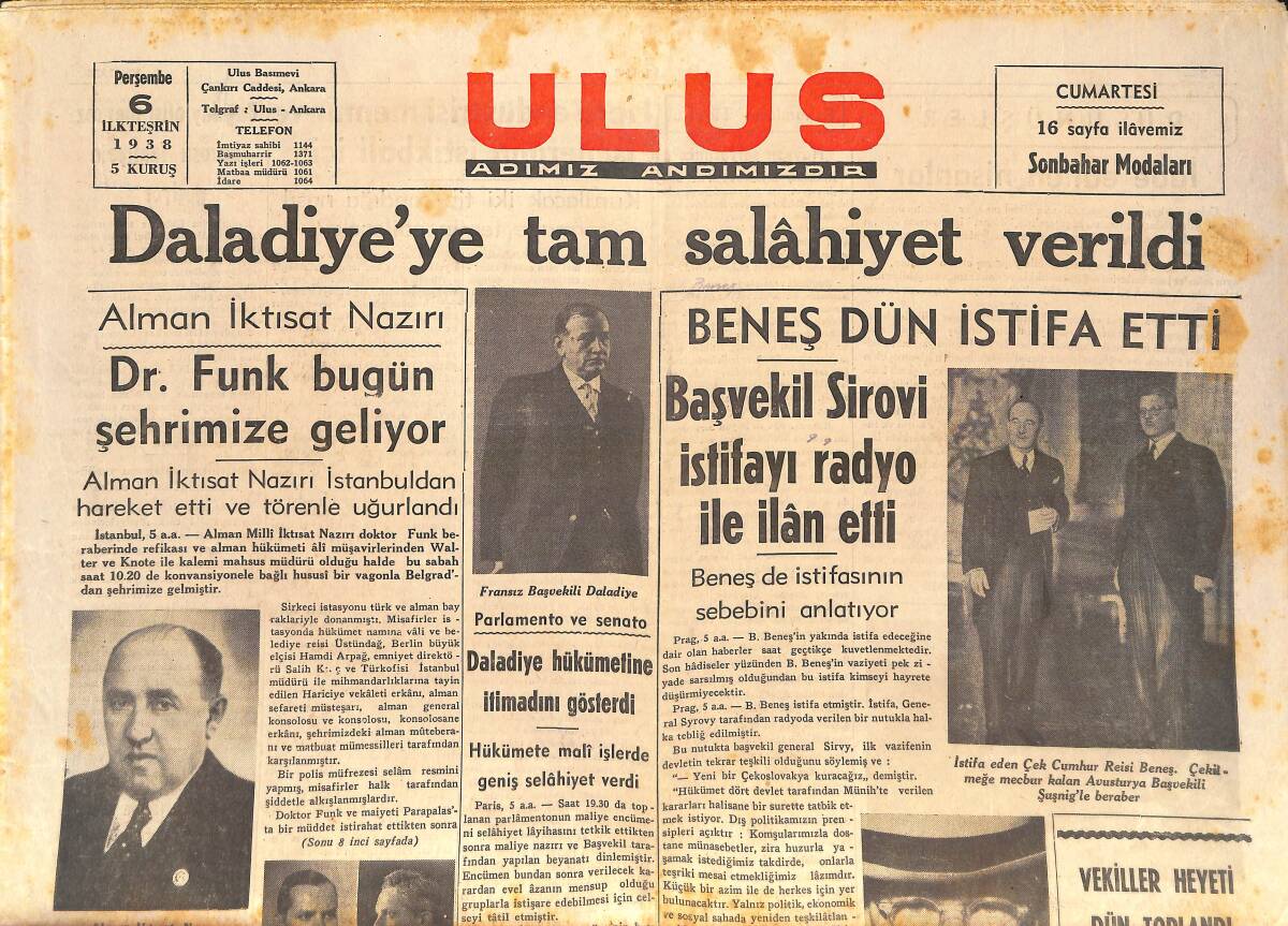 Ulus Gazetesi 6 Ekim 1938 - Mareşal Fevzi Çakmak İstanbul'da - 1939 New York Dünya Fuarında Türk Paviyonu GZ146739 - 1