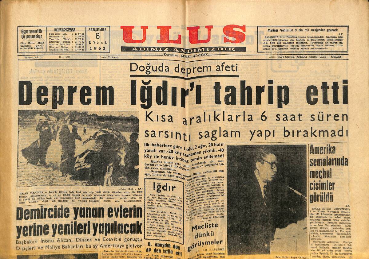 Ulus Gazetesi 6 Eylül 1962 - Amerika Semalarında Meçhul Cisimler Görüldü - Eminsucular İkiye Bölünüyor GZ150634 - 1