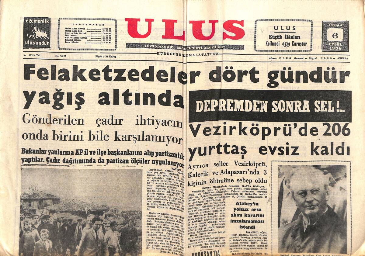 Ulus Gazetesi 6 Eylül 1968 - Depremden Resimler, Vezirköprü'de 206 Yurttaş Evsiz Kaldı GZ151472 - 1