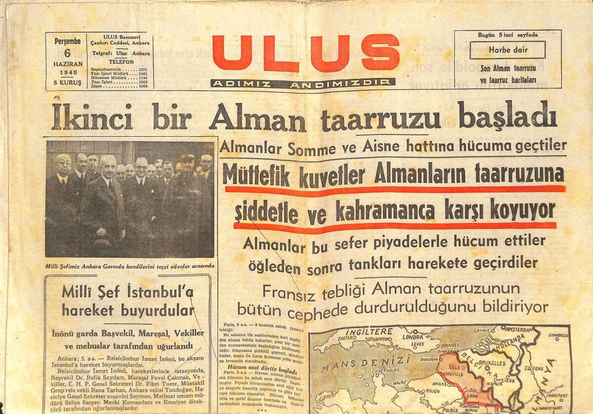 Ulus Gazetesi 6 Haziran 1940 - İkinci Bir Alman Taarruzu Başladı - İsviçre Üzerinde Bir Hava Harbi GZ146816 - 1