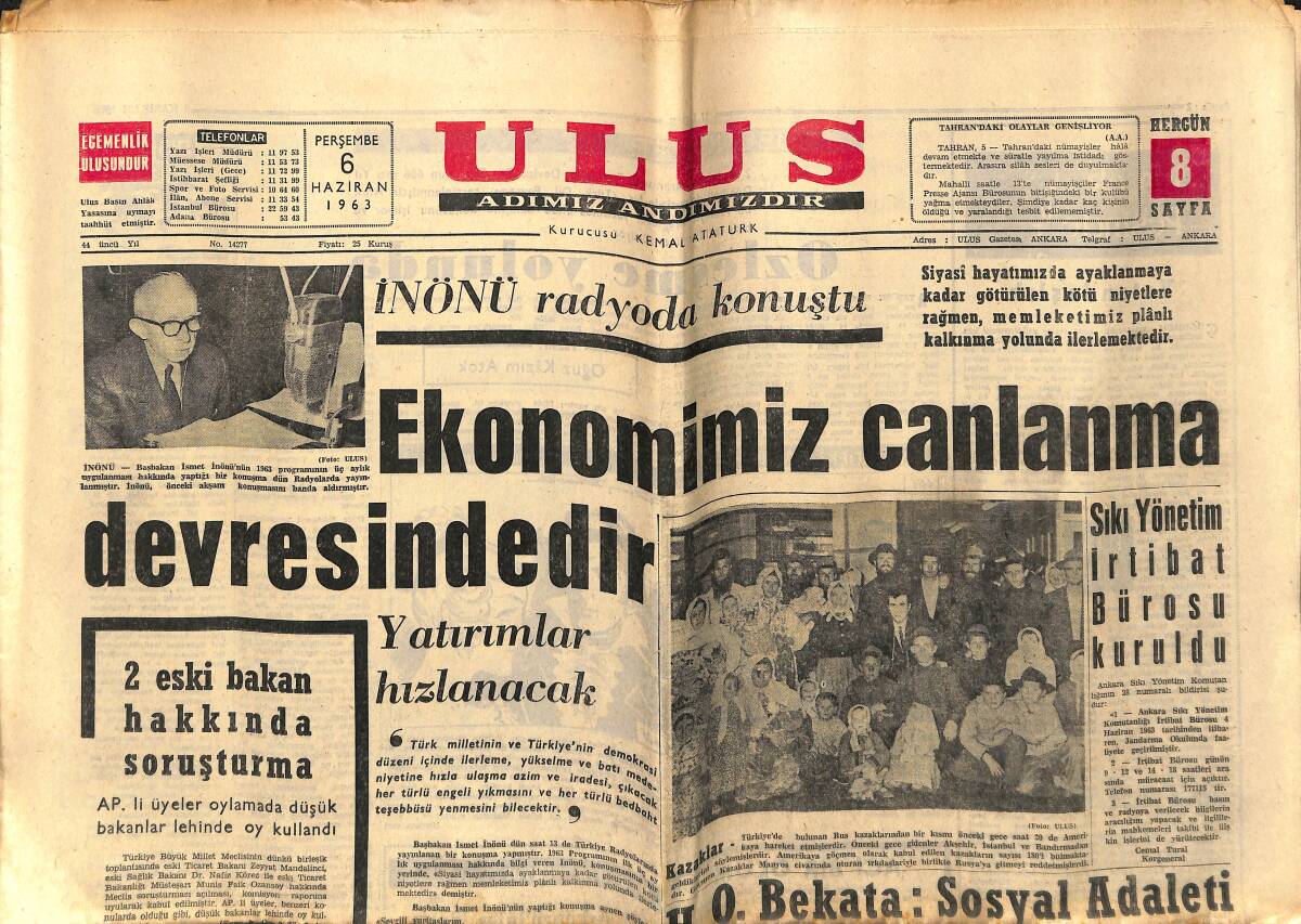 Ulus Gazetesi 6 Haziran 1963 - Ekonomimiz Canlanma Devresindedir - Türkiye Güzeli Sevim Emre GZ151548 - 1
