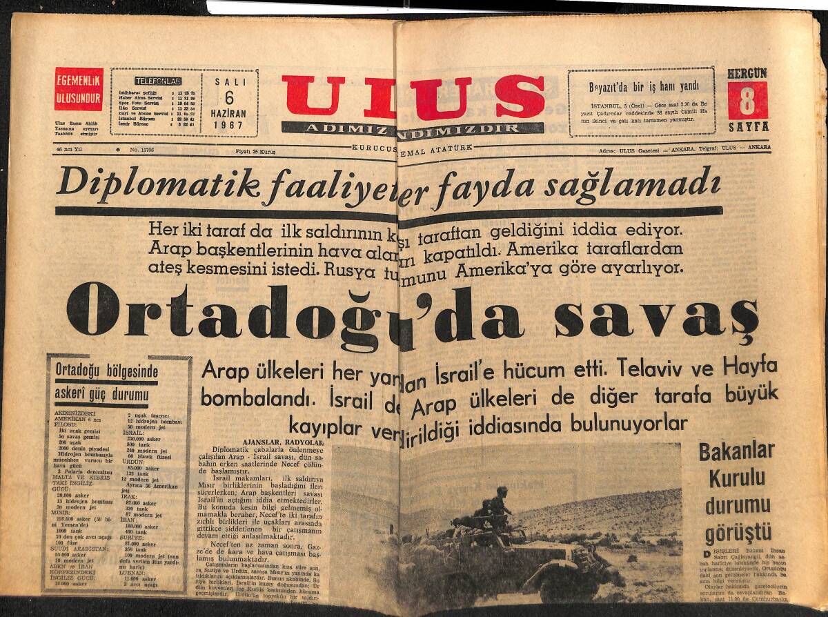 Ulus Gazetesi 6 Haziran 1967 - Ortadoğu'da Savaş - THY Terminali Açıldı GZ148442 - 1