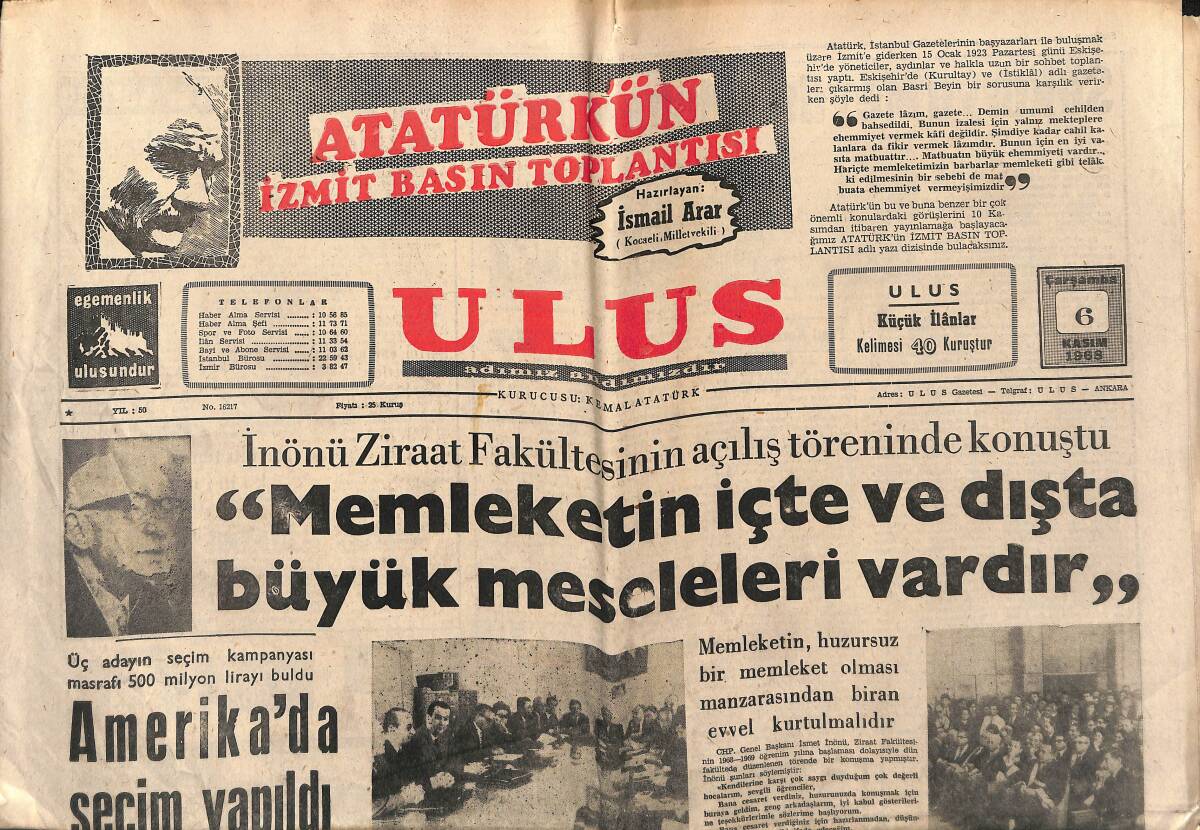 Ulus Gazetesi 6 Kasım 1968 - Amerika'da Seçim Yapıldı - Samsun'da Olaylar Çıktı GZ152717 - 1