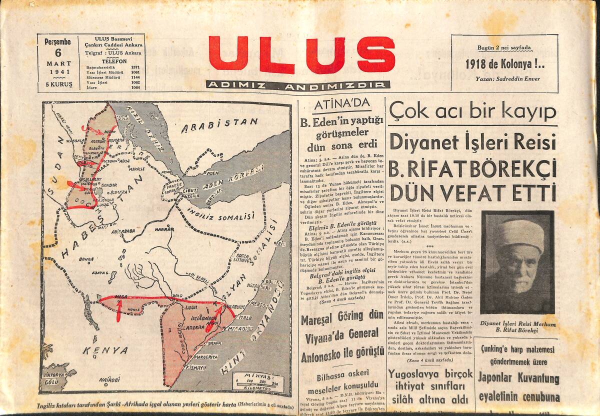 Ulus Gazetesi 6 Mart 1941 - Mareşal Göring Dün Viyana'da General Antonesko İle Görüştü - C.H.P. Umumi İdare Heyetinde GZ141108 - 1