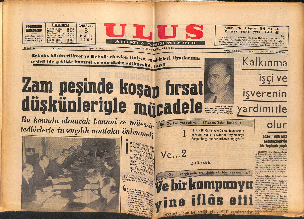Ulus Gazetesi 6 Mart 1963 - Ecevit Dün İşçi Temsilcileriyle Bir Toplantı Yaptı - Satır'ın Başkanlığında CHP'de Toplantı Yapıldı GZ151617 - 1