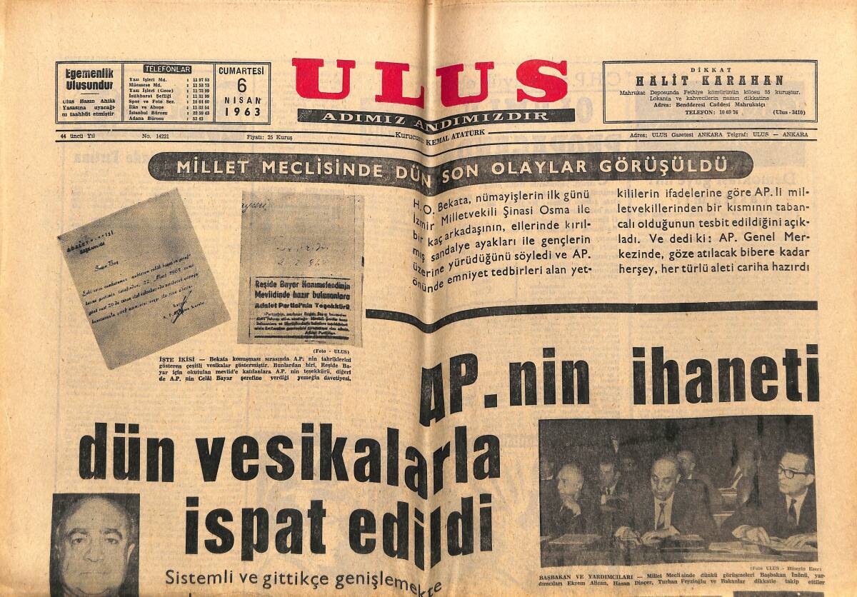 Ulus Gazetesi 6 Nisan 1963 - AP'nin İhaneti Dün Vesikalarla İspat Edildi - Sancar: Hedefleri 27 Mayıs'ı İnkar GZ151582 - 1