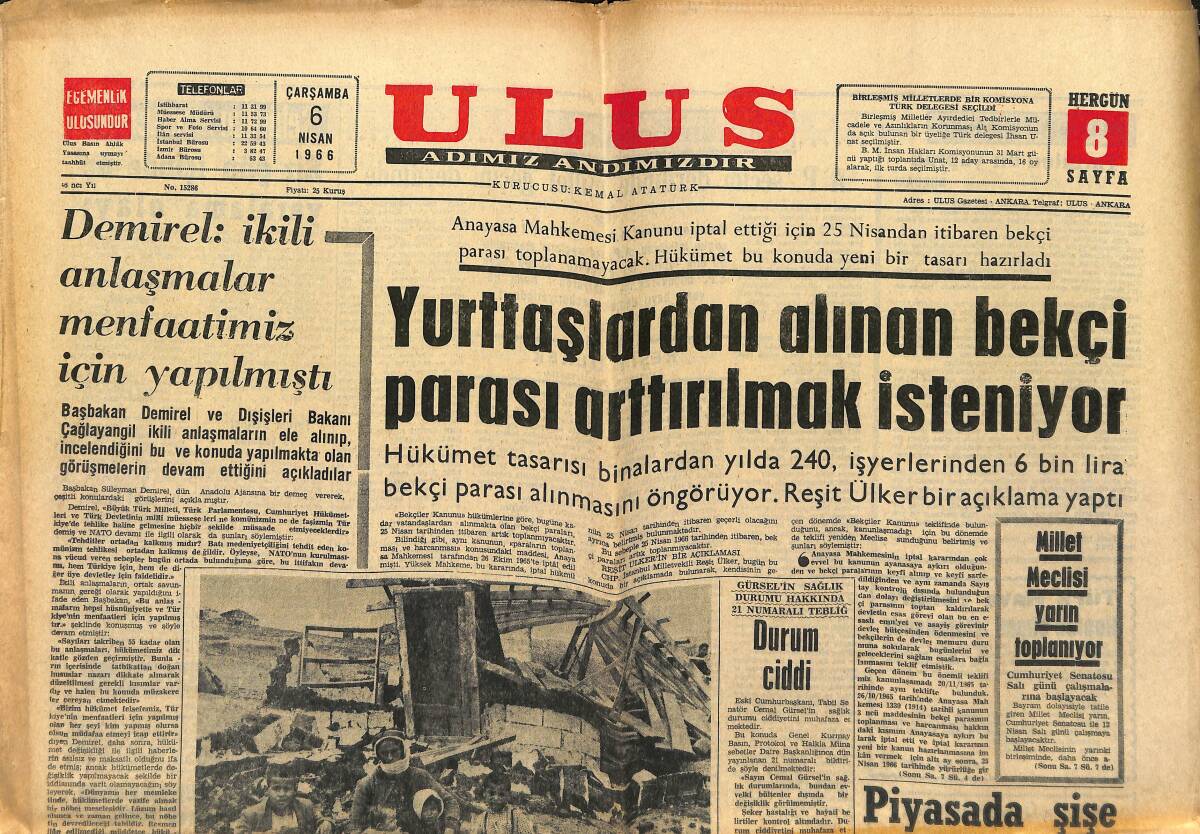 Ulus Gazetesi 6 Nisan 1966 - Millet Meclisi Yarın Toplanıyor - Kanser Haftası GZ150565 - 1