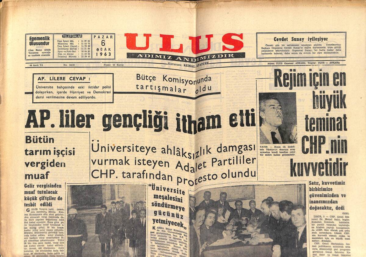 Ulus Gazetesi 6 Ocak 1963 - AP'liler Gençliği İtham Etti - Adana'nın Mutlu Günü GZ151612 - 1