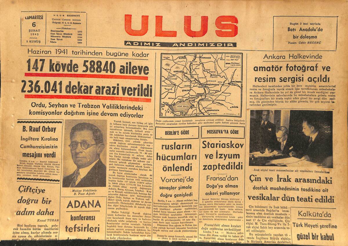 Ulus Gazetesi 6 Şubat 1943 - Karakaya'nın At Koşturan Mavzer Atan Kadınları - B. Rauf Orbay İngiltere Kralına Cumhurreisimizin Mesajını Verdi GZ153743 - 1