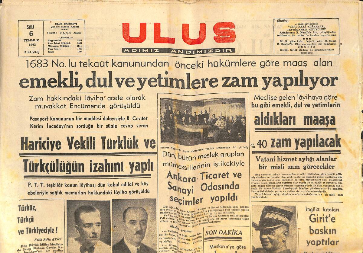 Ulus Gazetesi 6 Temmuz 1943 - Türk Hukuk Kurumu Kütüphanesi Açıldı - Hatay'da Kurtuluş Şenlikleri GZ146817 - 1