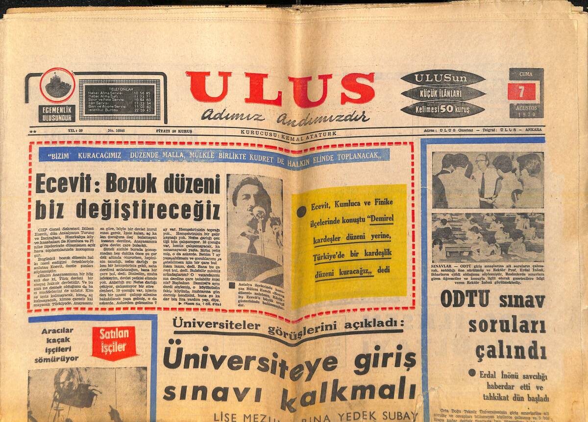 Ulus Gazetesi 7 Ağustos 1970 - ODTÜ Sınav Soruları Çalındı - Can Bartu Görev Almayı Düşünmüyor GZ157095 - 1