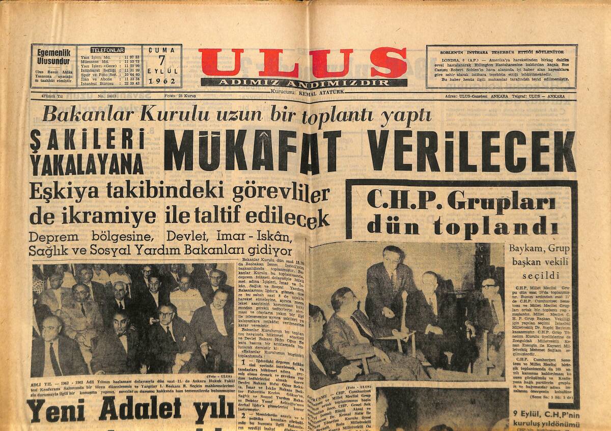 Ulus Gazetesi 7 Eylül 1962 - Konya'da Bir Uçak Düştü - CHP Grupları Dün  Toplandı GZ148463