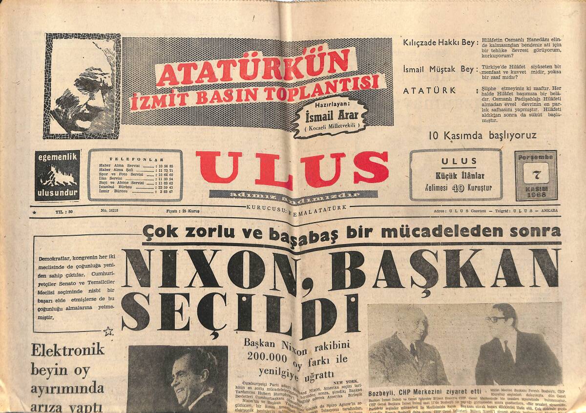 Ulus Gazetesi 7 Kasım 1968 - Nixon , Başkan Seçildi - Salih Kutbay İlk Duruşmada Serbest Bırakıldı GZ152716 - 1