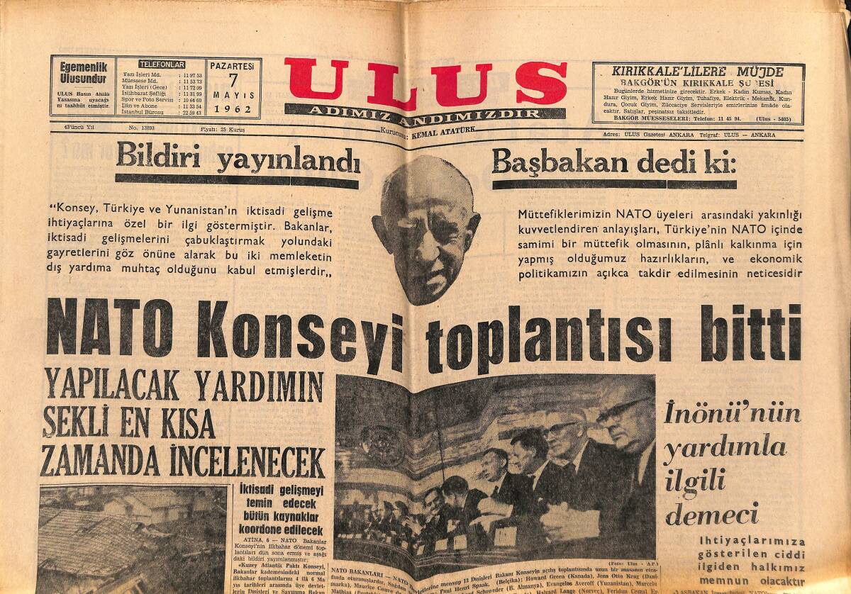 Ulus Gazetesi 7 Mayıs 1962 - NATO Konsey Toplantısı Bitti - Atatürk'ün Doğum Günü? GZ151480 - 1