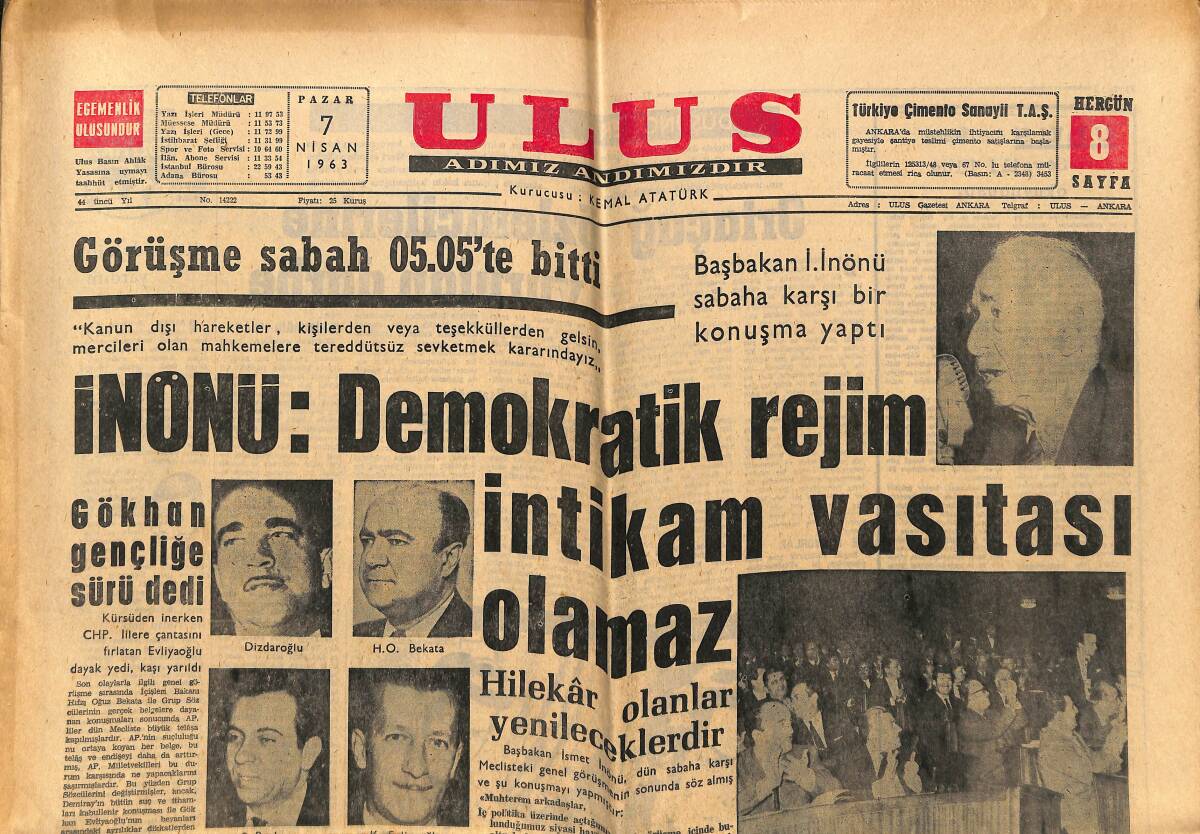 Ulus Gazetesi 7 Nisan 1963 - Vasfi Göksu Dün Toprağa Verildi - İnönü : Demokratik Rejim İntikam Vasıtası Olamaz GZ148458 - 1