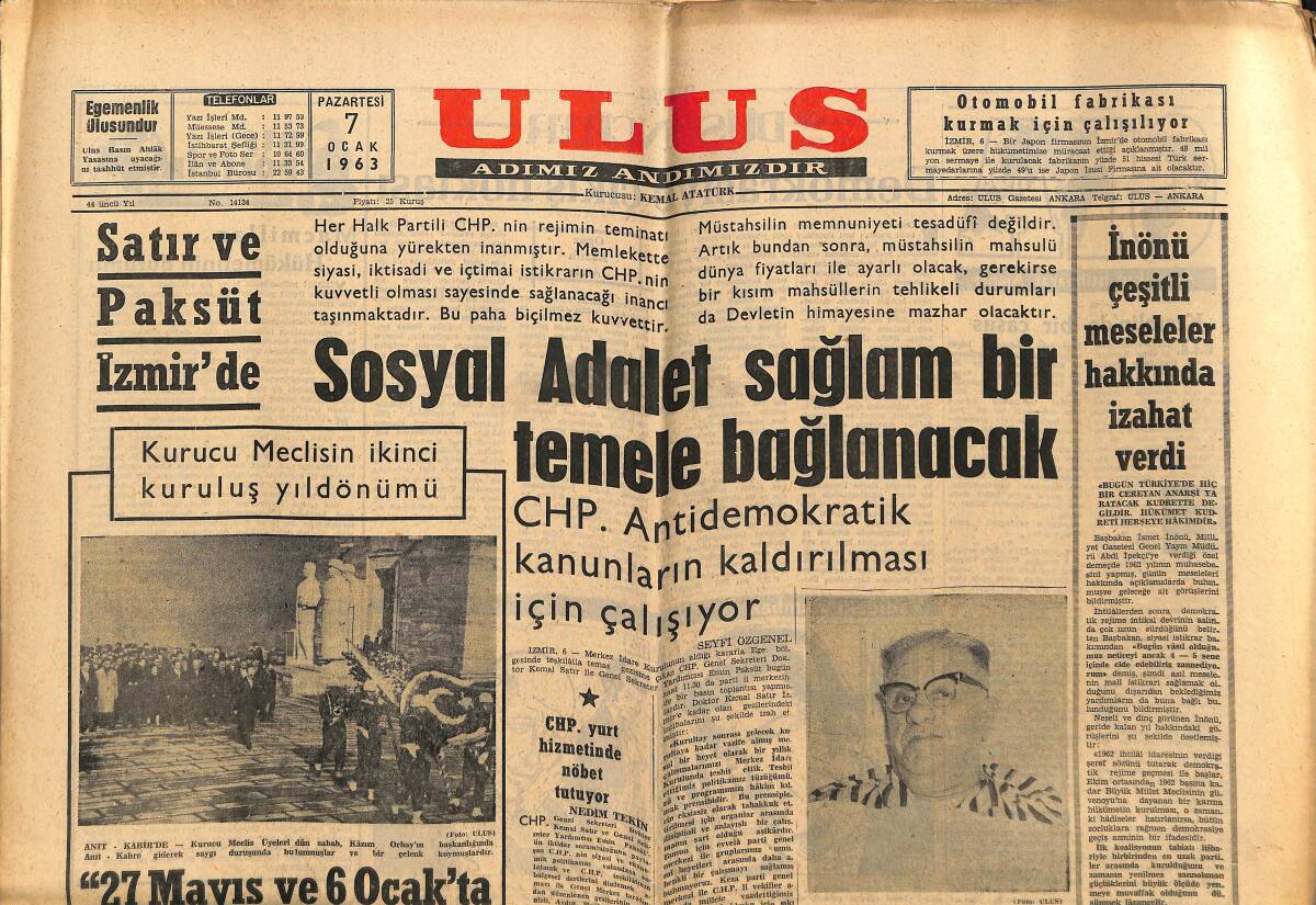 Ulus Gazetesi 7 Ocak 1963 - Satır Ve Paksüt İzmir'de - Dr. Küçük Bugün Geliyor - İnönü Çeşitli Meseleler Hakkında İzahat Verdi GZ148575 - 1