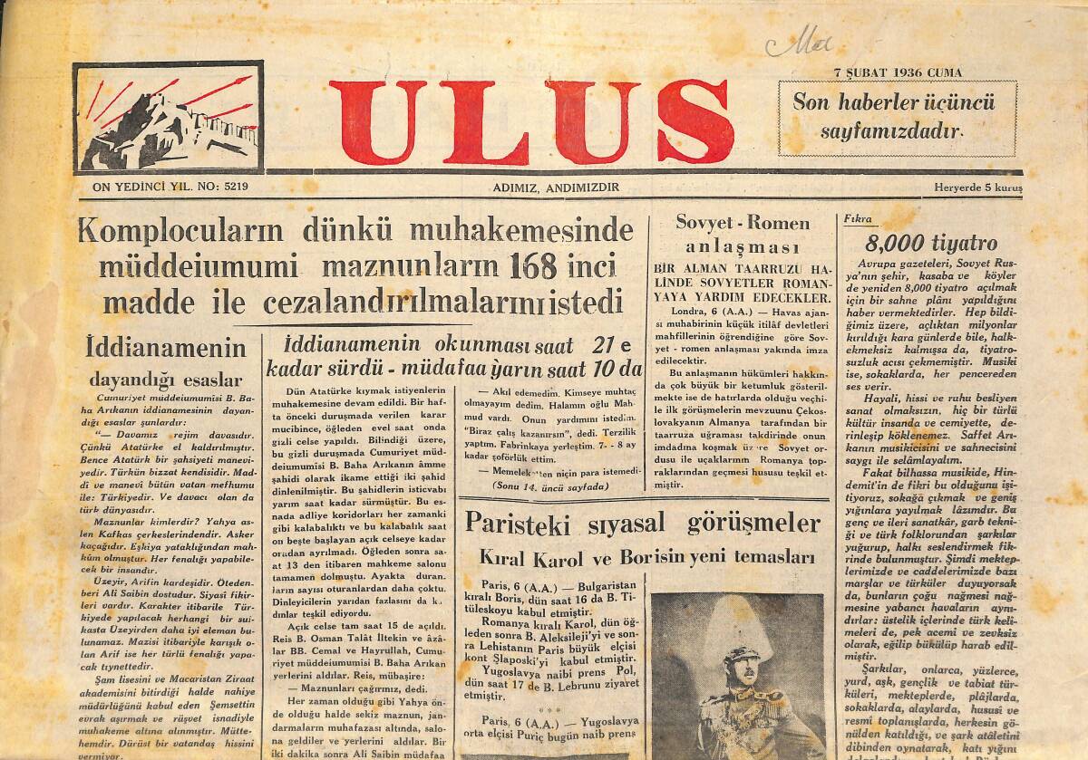 Ulus Gazetesi 7 Şubat 1936 - Paris'teki Siyasal Görüşmeler Kral Karol Ve Borisin Yeni Temasları - Sovyet-Romen Anlaşması GZ146713 - 1