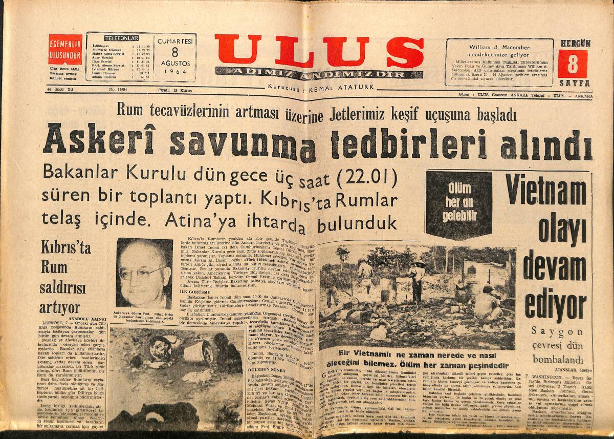 Ulus Gazetesi 8 Ağustos 1964 - Vietnam Olayı Devam Ediyor - G. Vietnam Türkiye'den Yardım İstiyor GZ150655 - 1