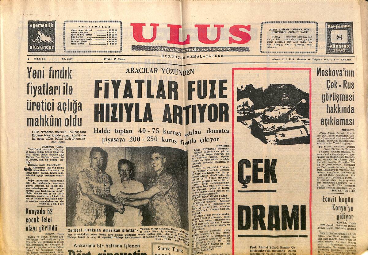 Ulus Gazetesi 8 Ağustos 1968 - Moskova'nın Çek-Rus Görüşmesi Hakkında Açıklaması - Abdullah Temelli Vefat Etti GZ150677 - 1