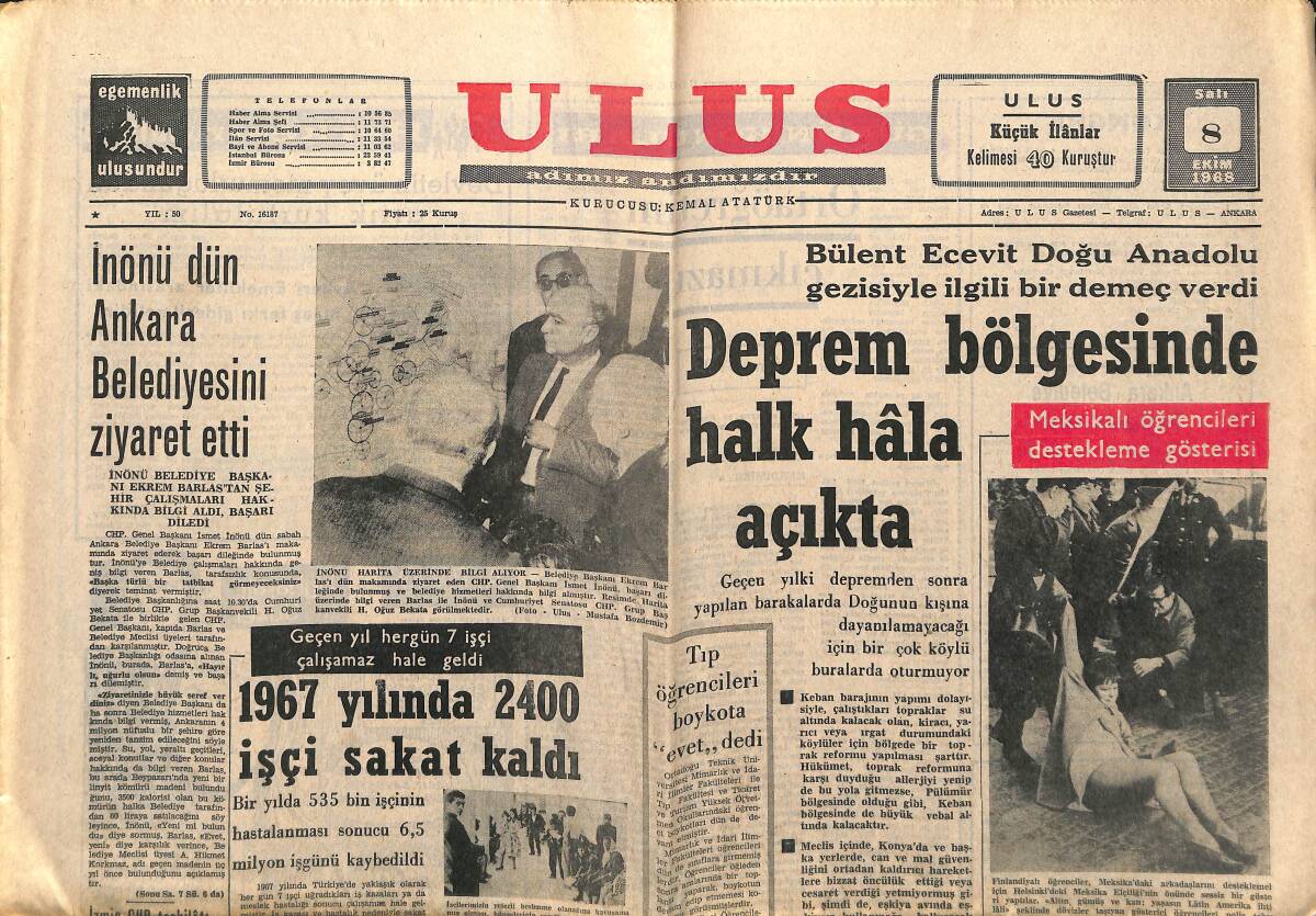 Ulus Gazetesi 8 Ekim 1968 - Beatle'lar Kılık Mı Değiştirdi? - İnönü Ankara Belediyesini Ziyaret Etti GZ147255 - 1