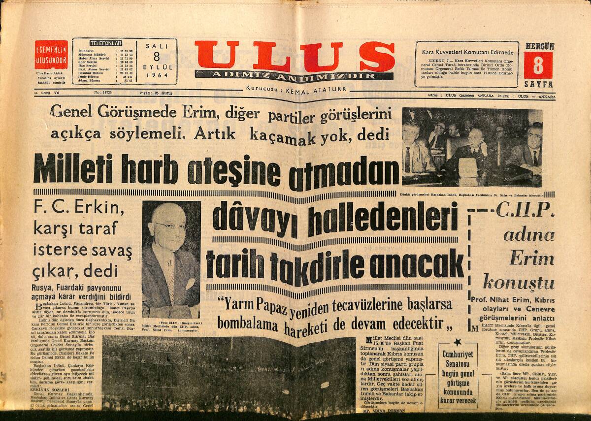 Ulus Gazetesi 8 Eylül 1964 - Kıbrıs'lı Rumlar Mısır'dan Silâh ve Askeri Yardım Alıyor GZ150666 - 1
