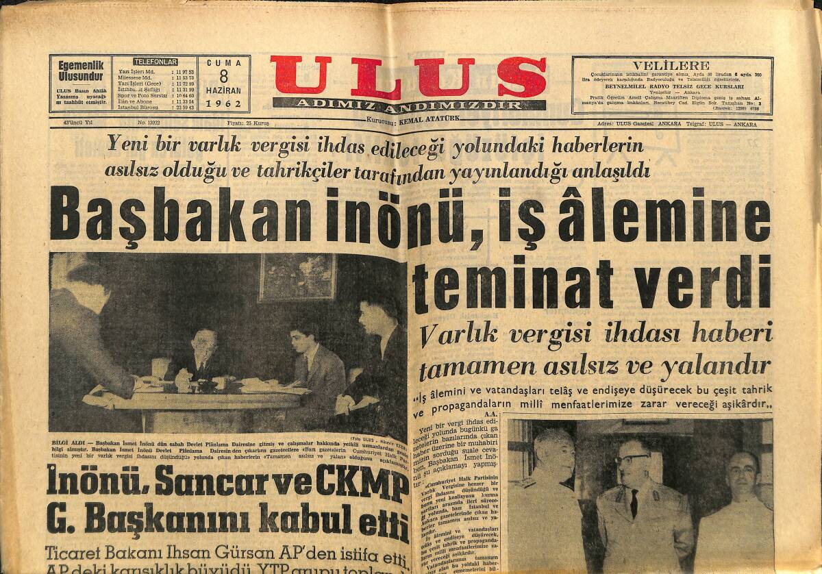 Ulus Gazetesi 8 Haziran 1962 - Galatasaray Milli lig Şampiyonu Oldu - Başbakan İnönü , İş Alemine Teminat Verdi GZ148651 - 1