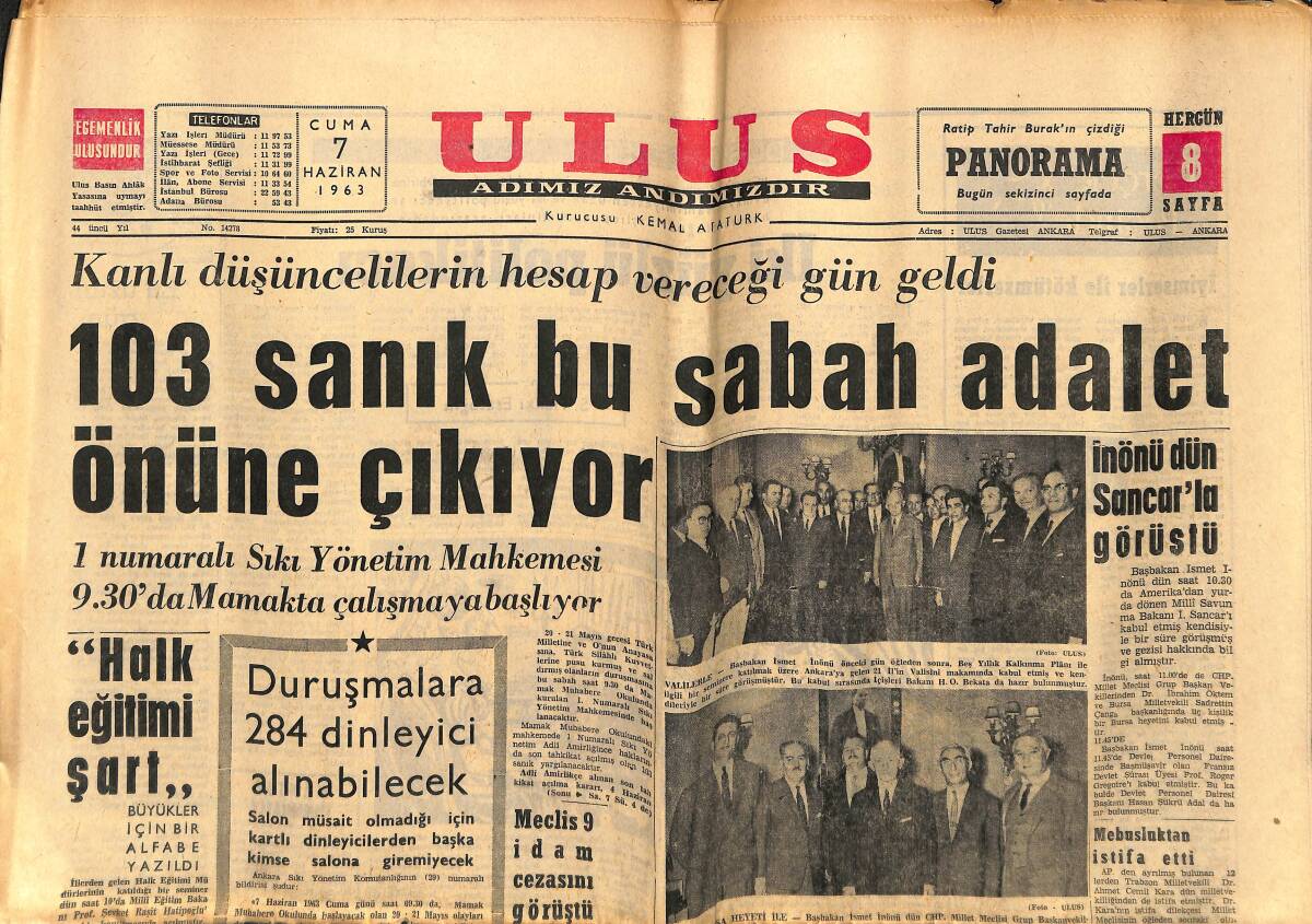 Ulus Gazetesi 8 Haziran 1963 - 103 Sanık Bu Sabah Adalet Önüne Çıkıyor - Fenerbahçe Lefter'e 10 Gün İzin Verdi GZ151549 - 1