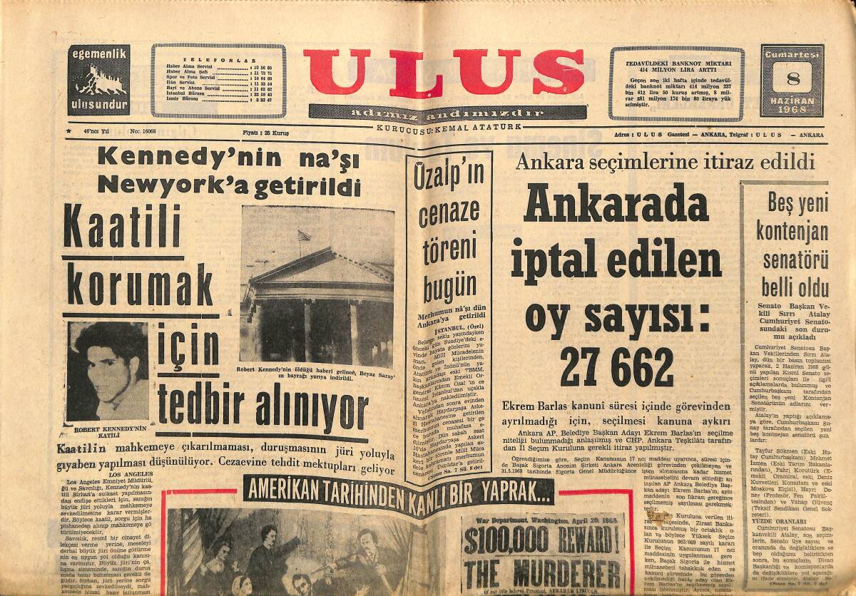 Ulus Gazetesi 8 Haziran 1968 - Kennedy'nin Na'şı New York'a Getirildi - Katili Korumak İçin Tedbir Alınıyor GZ150773 - 1