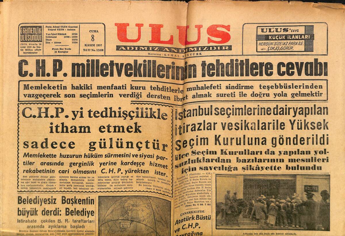 Ulus Gazetesi 8 Kasım 1957 - Amerika'nın Türkiye'ye Yardımı - CHP Milletvekillerinin Tehditlere Cevabı GZ150687 - 1