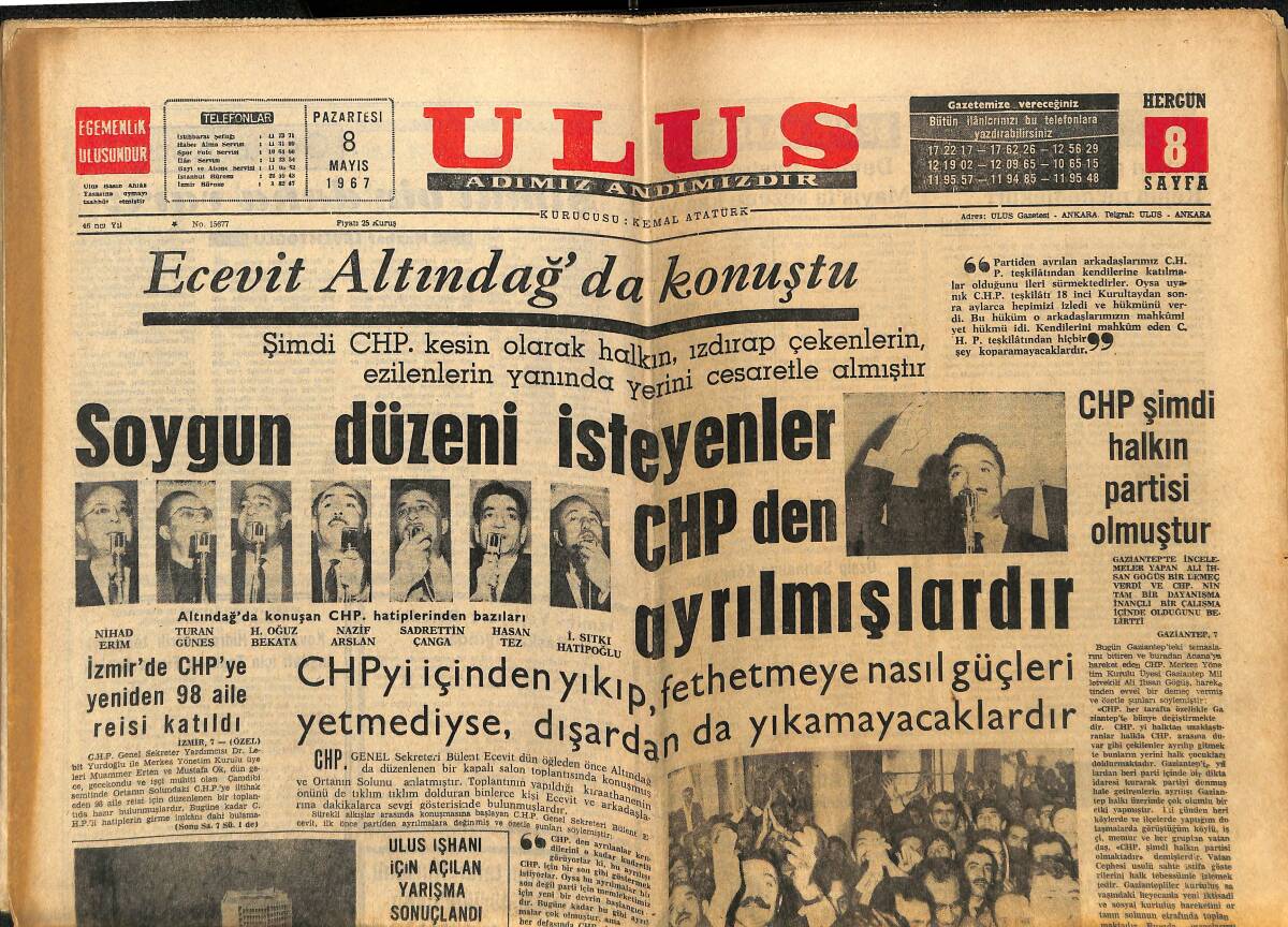 Ulus Gazetesi 8 Mayıs 1967 - Ecevit Altındağ'da Konuştu - Brigitte Bardot Cannes Festivalini Affetti GZ150632 - 1