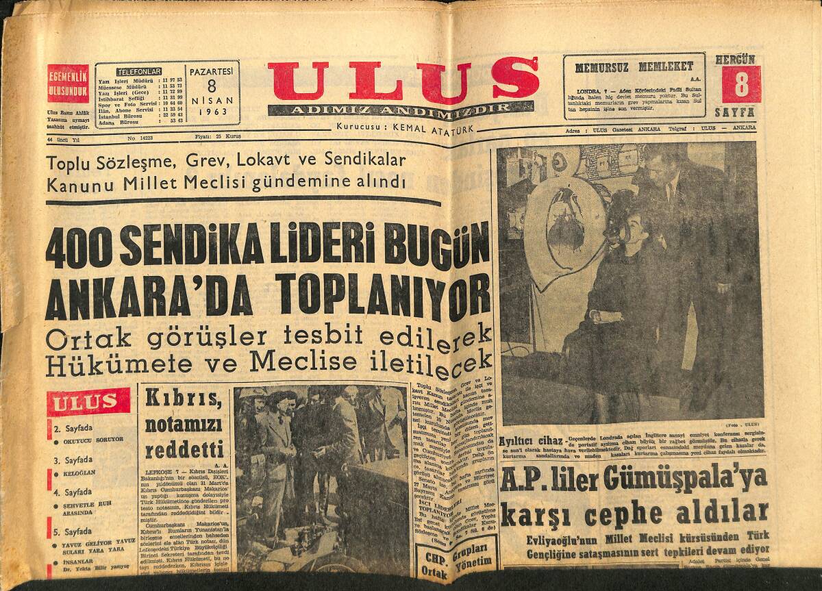 Ulus Gazetesi 8 Nisan 1963 - Elizabeth Taylor Ve Richard Burton Beraber Görüntülendi - Kennedyler Ziyarette GZ150755 - 1