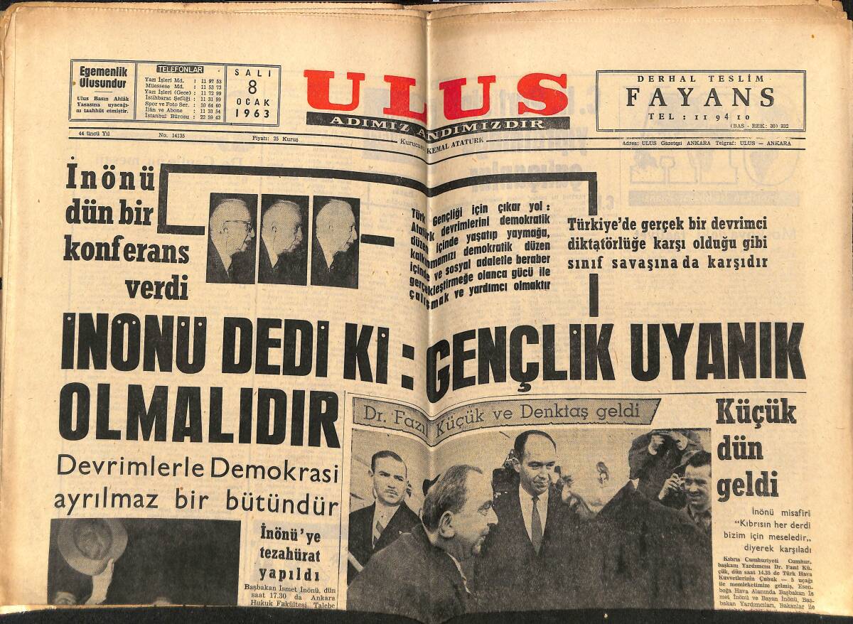 Ulus Gazetesi 8 Ocak 1963 - Galatasaray Milan Maçı İçin Perşembe Günü Kampa Giriyor - İnönü'ye Tezahürat Yapıldı GZ151586 - 1