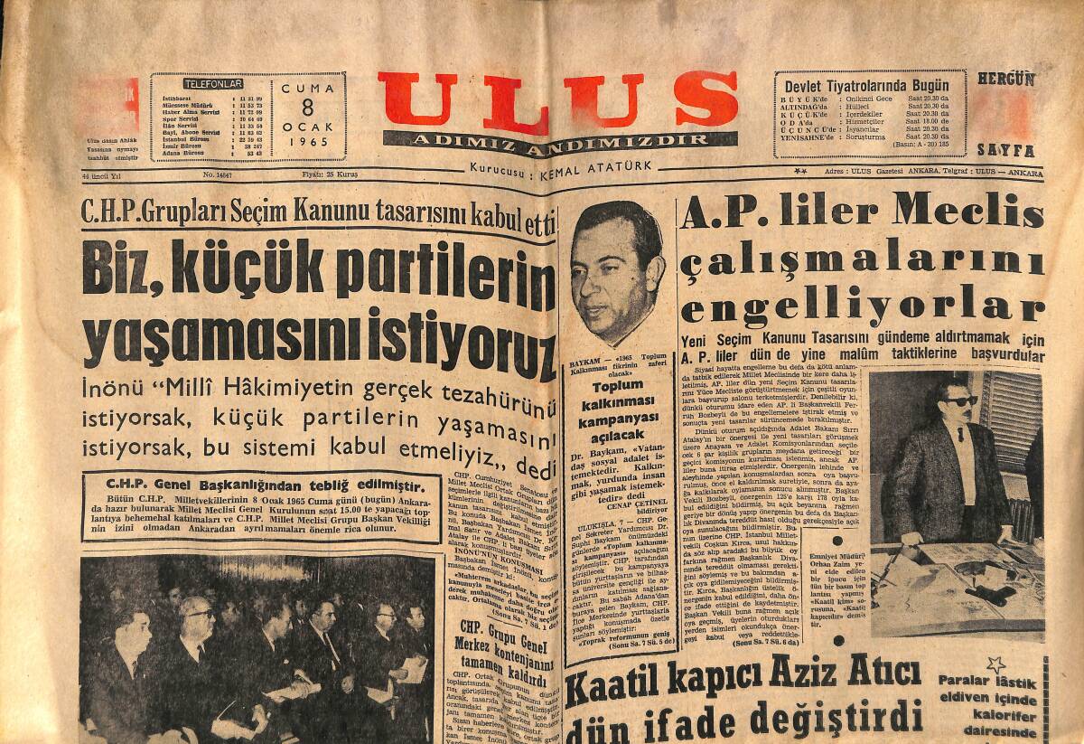 Ulus Gazetesi 8 Ocak 1965 - İstanbul Hukuk Fakültesi Kongresinde Kavga Çıktı - Rita Haywort Beş Defa Evlendi Ve Mesut Olamadı GZ152619 - 1