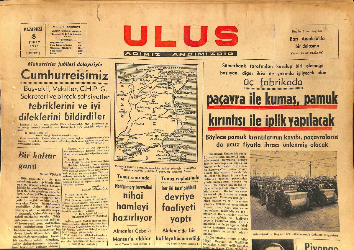 Ulus Gazetesi 8 Şubat 1943 - Kızılordu Birlikleri Rostof'a Yaklaşıyor - Türk Gazetecileri Efgan Sınırında GZ153741 - 1