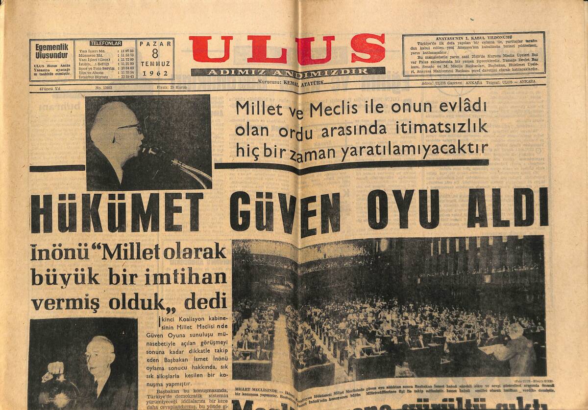 Ulus Gazetesi 8 Temmuz 1962 - Hükümet Güven Oyu Aldı - Fas 3 Günlük Cezayir Devletini Zorluyor GZ148456 - 1