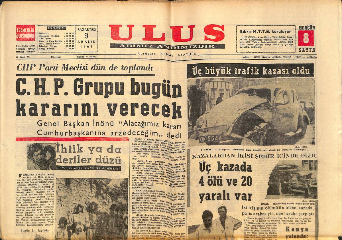 Ulus Gazetesi 9 Aralık 1963 - Cahrlie Chaplin'in Kızı Geraldine Paris'te - Jayne Mansfield Helsinki'de GZ150240 - 1
