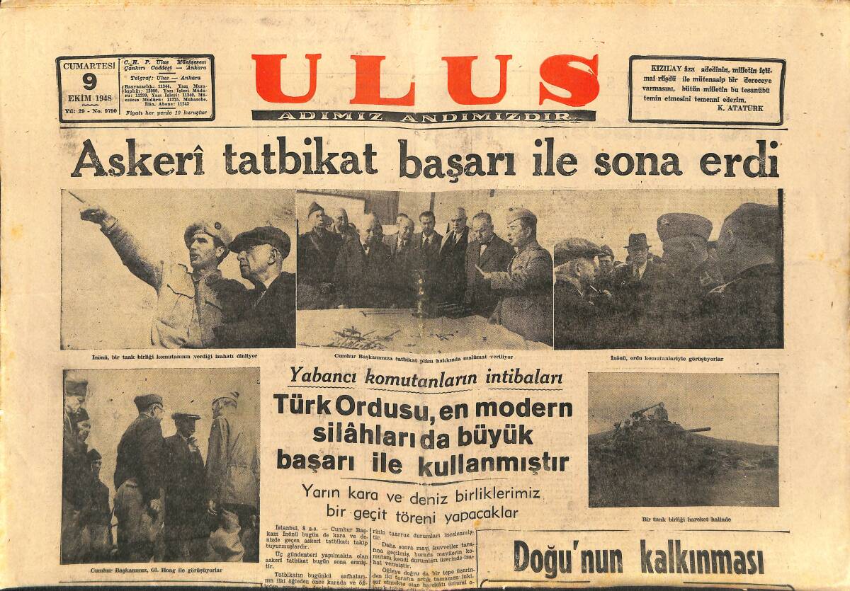 Ulus Gazetesi 9 Ekim 1948 - Askeri Tatbikat Başarı İle Sonuçlandı - Türk Ordusu En Modern Silahlarını Da Büyük Başarı İle Kullanmıştır GZ141432 - 1